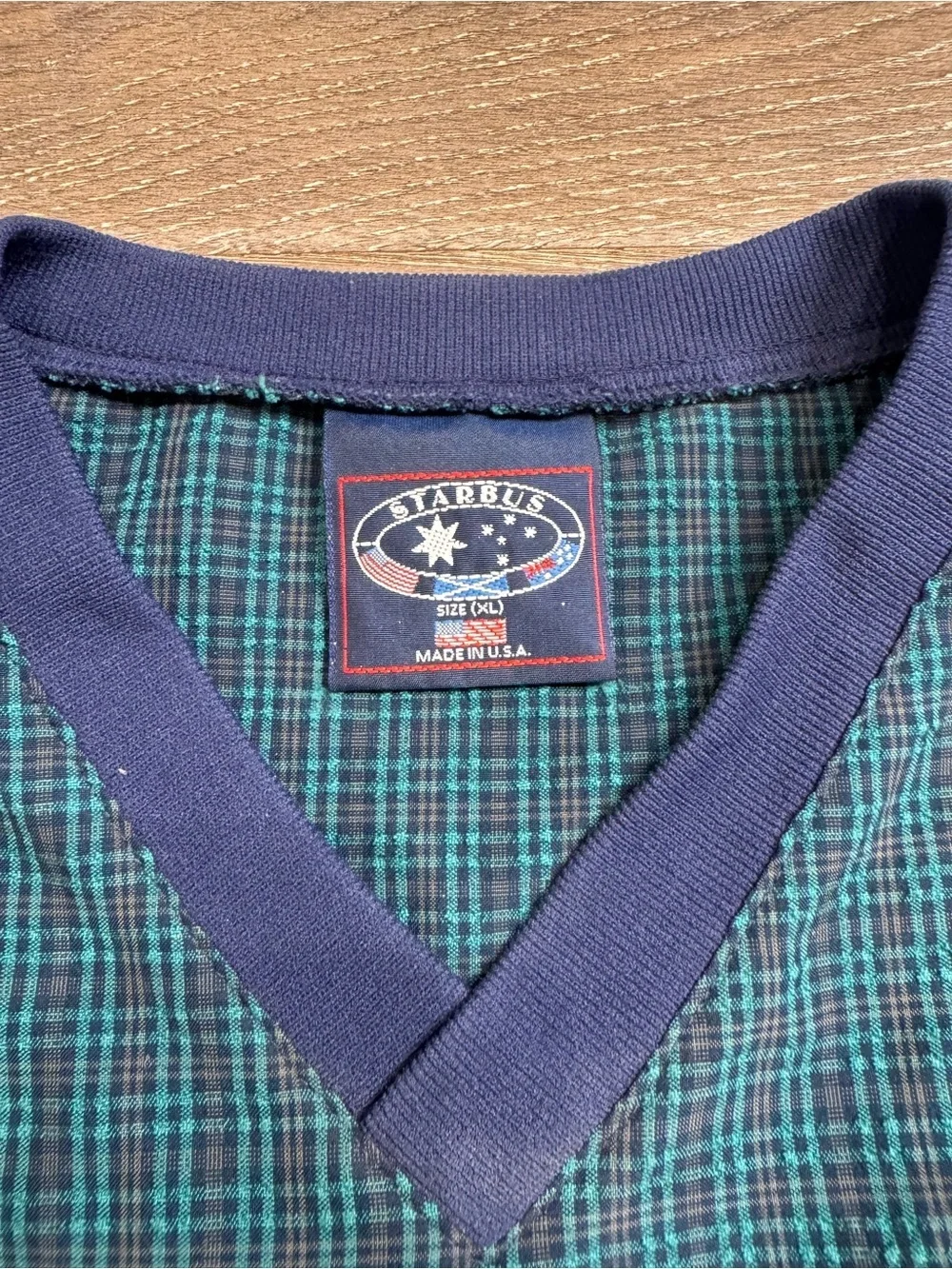 Vintage Starbus Green Plaid V-Neck Windbreaker with Navy Trim 1079